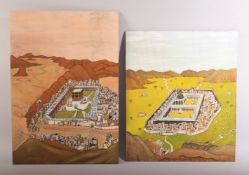 AN ISLAMIC TURKISH PAINTING OF MECCA ON WOOD, together with a painting of the city of Medina, 40cm x
