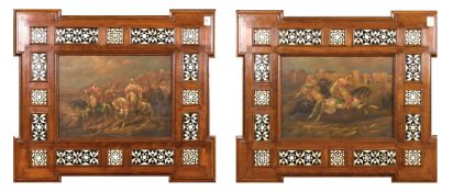 A PAIR OF 20TH CENTURY OIL ON PANEL SCENES OF EASTERN HORSEMAN BRANDISHING WEAPONS, each 12