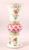 A GOOD TALL CHINESE FAMILLE ROSE GU SHAPE VASE, painted with flowers and birds, with bulbous central
