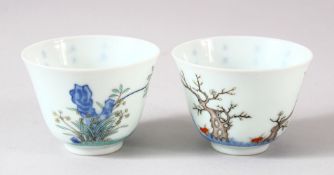 TWO CHINESE PORCELAIN CUPS, painted with native flora and script, both with six character mark to