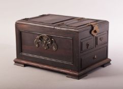 A CHINESE WOODEN VANITY BOX, the lid opening to reveal a mirror, the box comprising three drawers,