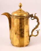 A LARGE 19TH CENTURY BRASS COFFEE POT, with hinged lid, 29cm high.