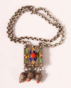 A 19TH CENTURY MOROCCAN ENAMEL & SILVER NECKLACE - the pendant with enamel decoration 34cm