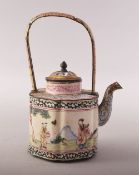 A SMALL CHINESE CANTON ENAMELLED TEAPOT, decorated with a scene of figures in an outdoor setting