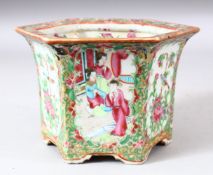A SMALL CHINESE CANTON PORCALAIN JARDINIERE, painted with panels of figures, birds, butterflies