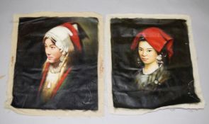 TWO GOOD CHINESE PAINTED PORTRAITS ON CANVAS, unstretched and unframed, both approx. 66cm x 56cm.
