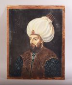 A TURKISH OTTOMAN OIL PAINTED PORTRAIT OF A SULTAN, on wood, 36cm x 28cm.