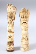 TWO CARVED BONE FIGURES, one depicting a demonic figure / deity, the other carved with beasts, 17.