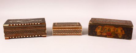 THREE 19TH CENTURY PERSIAN QAJAR MOSAIC INLAID WOODEN BOXES - Two inlaid micro mosaic boxes and