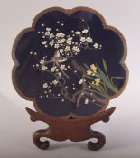 A GOOD JAPANESE CLOISONNE DISH AND STAND, the dish decorated with two birds in a blossoming prunus