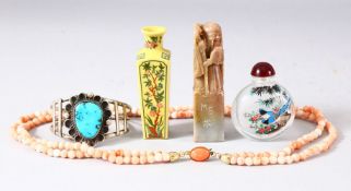 A MIXED LOT OF CHINESE ITEMS, comprising a coral type necklace, carved soapstone seal of shou lao, a