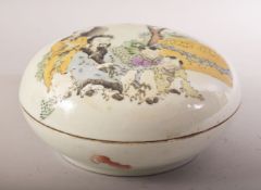 A CHINESE FAMILLE ROSE PORCELAIN BOX & COVER - depicting figures and children in landscapes - the