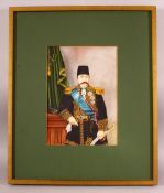 A HIGHLY DETAILED FINE QUALITY PAINTING OF MOZAFFAR AD-DIN SHAH QAJAR, mounted and framed, overall