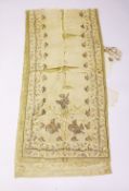 AN OTTOMAN EMBROIDERED SILK TABLE RUNNER, embroidered with calligraphy symbols and flora, (af).