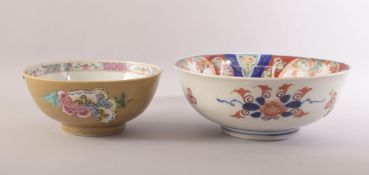 A JAPANESE IMARI PORCELAIN BOWL, together with a famille rose / cafe au lait bowl (af), 24cm and