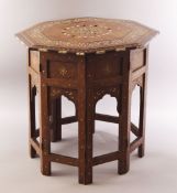A 19TH CENTURY INDIAN HARDWOOD OCTAGONAL TRAVELLING OCCASIONAL TABLE, the table inlaid with bone