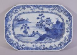 A CHINESE BLUE AND WHITE RECTANGULAR PORCELAIN DISH, the centre painted with a river landscape