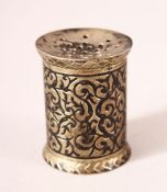 A 19TH CENTURY OTTOMAN NIELLO SILVER CALLIGRAPHERS INK POWDER CONTAINER - with embossed floral