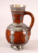 A RARE & UNUSUAL 18TH CENTURY OTTOMAN NIELLO SILVER & CARVED WOOD JUG - the wooden carved jug with