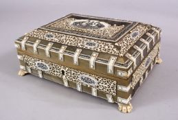 A 19TH CENTURY ANGLO INDIAN HORN & IVORY BOX, with carved ivory openwork on horn, with incised and