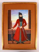 A GOOD LARGE PAINTED PORTRAIT OF FATH 'ALI SHAH, standing with an ornamental rifle and sword,