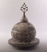 ANOTHER SUPERB ISLAMIC SILVER AND COPPER OVERLAID OPENWORK BRONZE MOSQUE LAMP, the cover opening