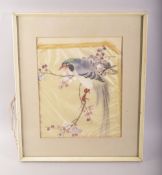 A CHINESE FRAMED AND GLAZED PAINTING ON SILK, depicting a bird on a branch, 26cm x 21cm.