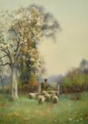 Benjamin Sigmund (1857-1947) British, A Shepherd and his flock beneath blossom, watercolour, signed,