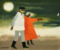 Mary Fedden (1915-2012) British, 'On the Shore', Julian Trevelyan and Mary Fedden walking at