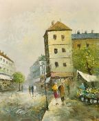 Caroline Burnett (20th Century), figures on a busy Parisian Street, oil on board, signed, 24