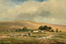 Wycliffe Egginton (1875-1951) British, A figure traversing a country path with a building and