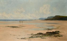 Joseph Vickers de Ville (1856-1925) British, Figures on a sandy cove with fishing boats and rocky