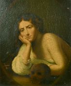 19th Century Continental School, A seated figure with a Momento Mori, oil on panel, 11.5
