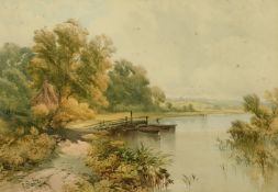 John Steeple (1823-1887) British, Boats moored in a river landscape with a bankside cottage,