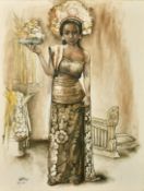 Balinese School, A lady in traditional dress with flowers, oil on canvas, indistinctly signed and