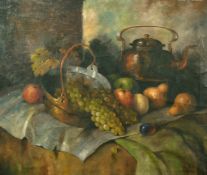 Carl Holger Fischer (1885-1955) Danish, A still life of mixed fruit and copper on a tabletop, oil on