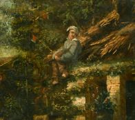 19th Century Continental School, A scene of a figure on a roof surrounded by foliage, oil on