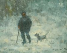 William Mason (1906-2002) British, a study of a man and his dog in a winter landscape, oil on board,