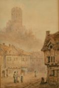 Early 19th Century English School, A continental town scene with figures in a market square,