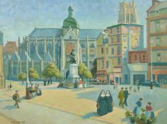 Mallalieu (20th Century), figures in a busy town square, oil on board, signed, 18
