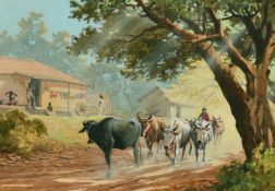 J.T James, 'Misty morning', A herd of Asian bullocks being driven past native huts, gouache,