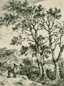 Circle of John Crome, two travellers in a wooded landscape, etching, numbered '10', 4.25