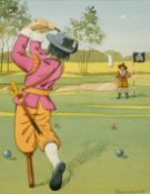 Hugo de Reede, Humorous golfing scene with a wooden legged cavalier playing golf, watercolour,