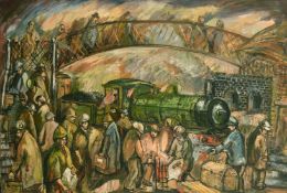 Derek Higginson (1930-2020) British, figures by a steam train, oil on canvas, signed, 24
