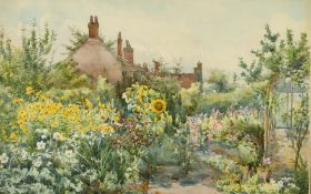 Early 20th Century British School, A country cottage with a garden in full bloom, watercolour, 13.5