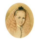 Circle of Frederick William Burton, Portrait of a young girl with long hair, watercolour, oval, 10.