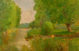 20th Century School, a fisherman by a stream, oil on board, 12