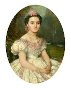 19th Century Continental School, A portrait of a seated lady in a parkland setting, oil on canvas,