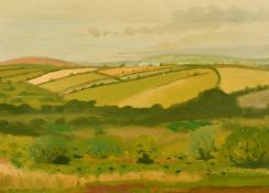 Robert Morson Hughes (1973-1953) British, a view across fields with cottages on a hilltop, oil on