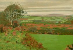 Robert Morson Hughes (1973-1953) British, a view across fields with grey skies beyond, oil on board,